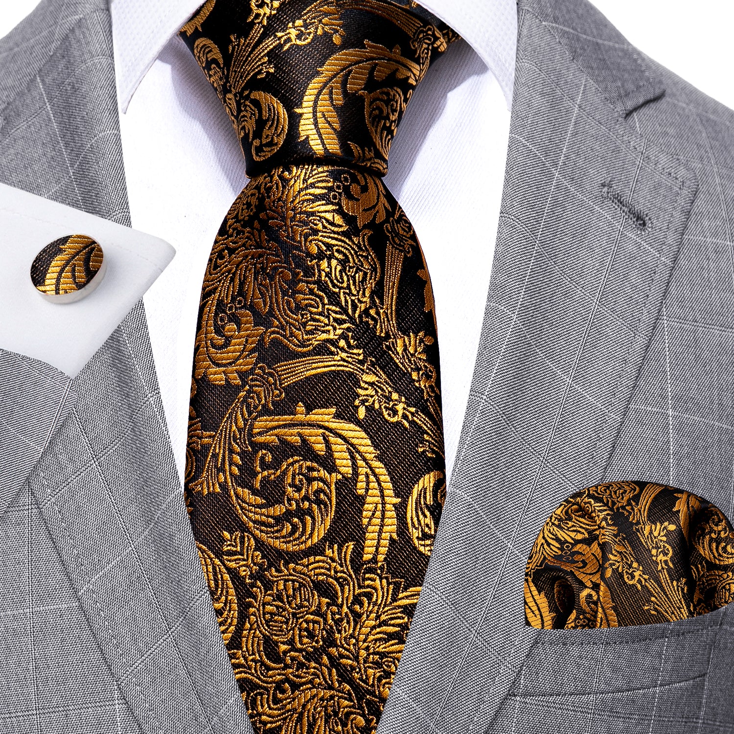 Gold Black Paisley Silk Tie Handkerchief Cufflinks Set