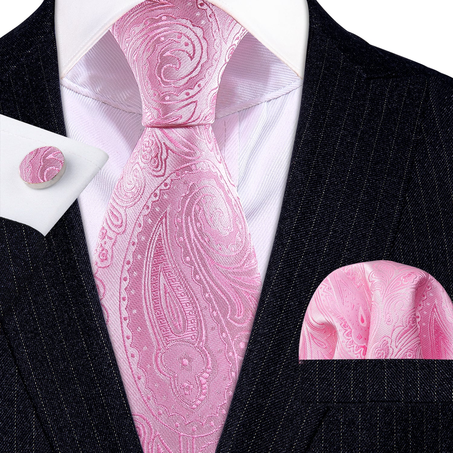 Pink Paisley Silk Tie Handkerchief Cufflinks Set