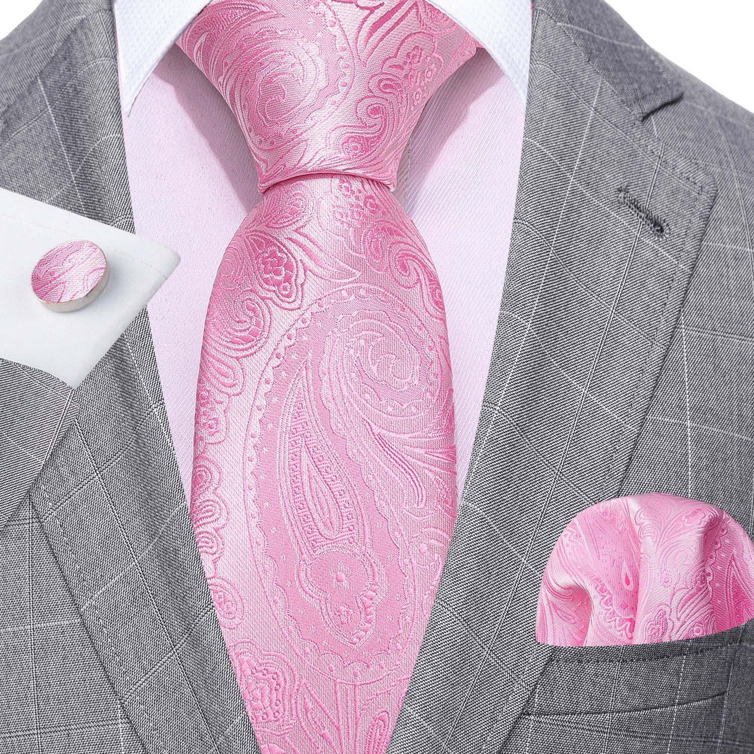 Pink Paisley Silk Tie Handkerchief Cufflinks Set