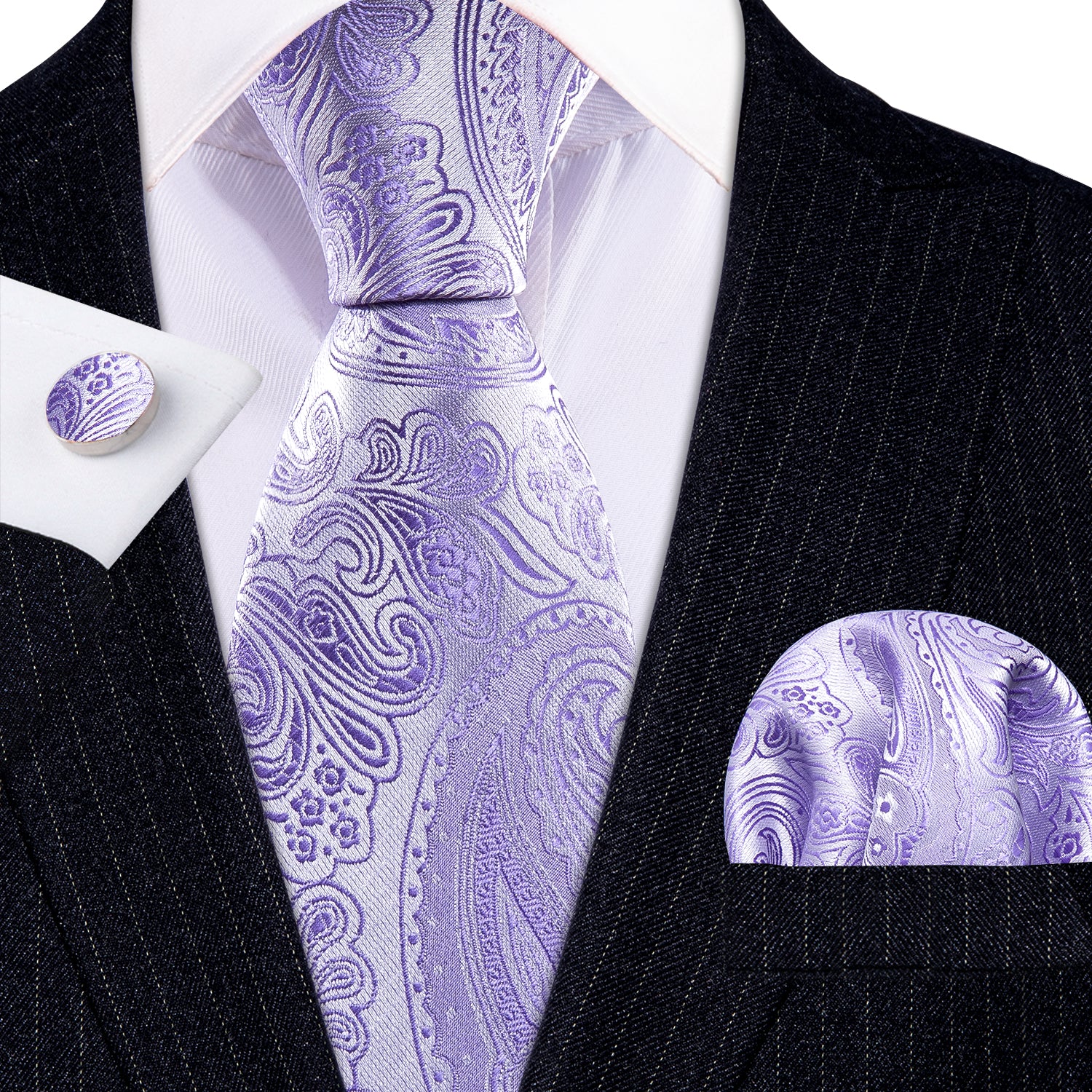 Purple Paisley Silk Tie Hanky Cufflinks Set