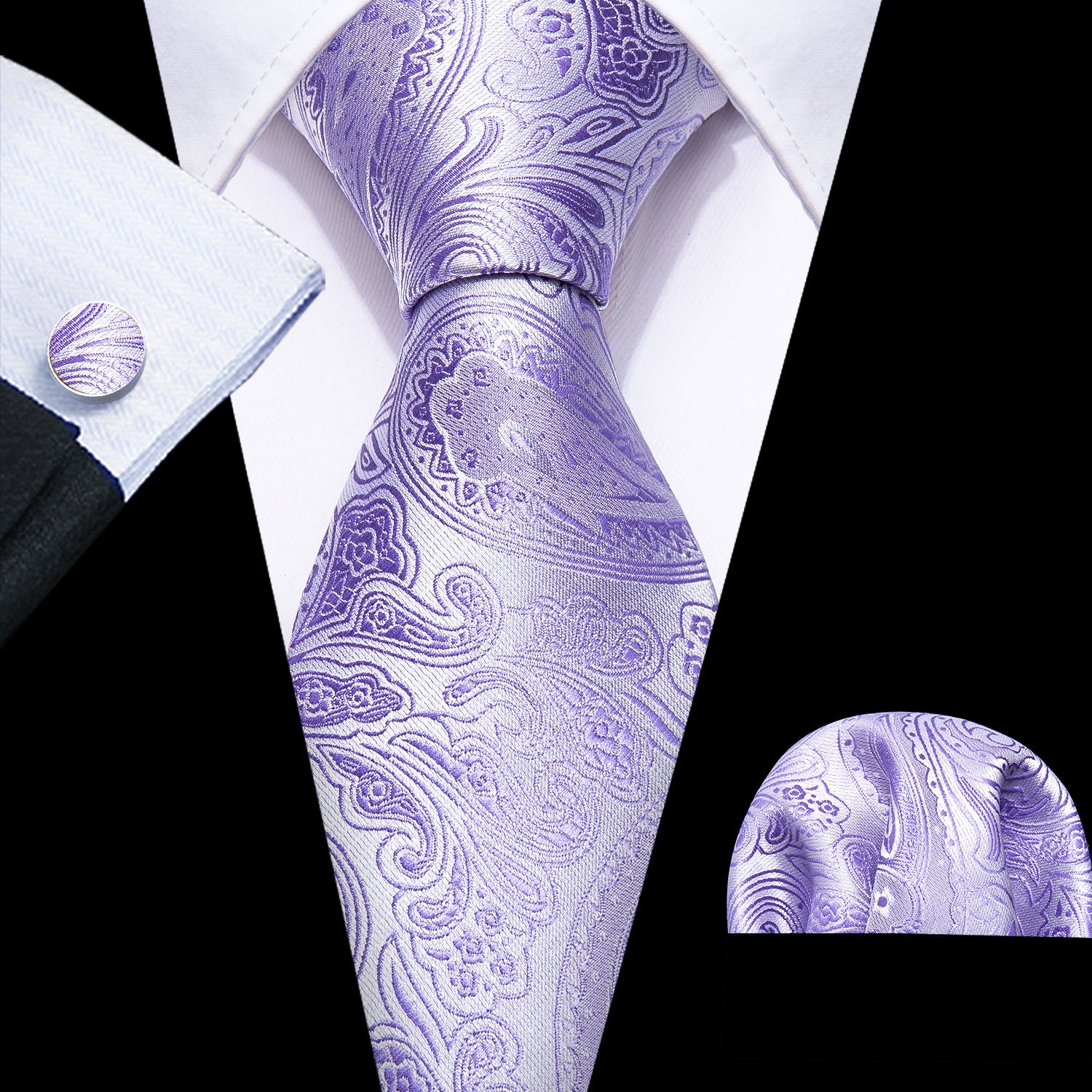 Purple Paisley Silk Tie Hanky Cufflinks Set