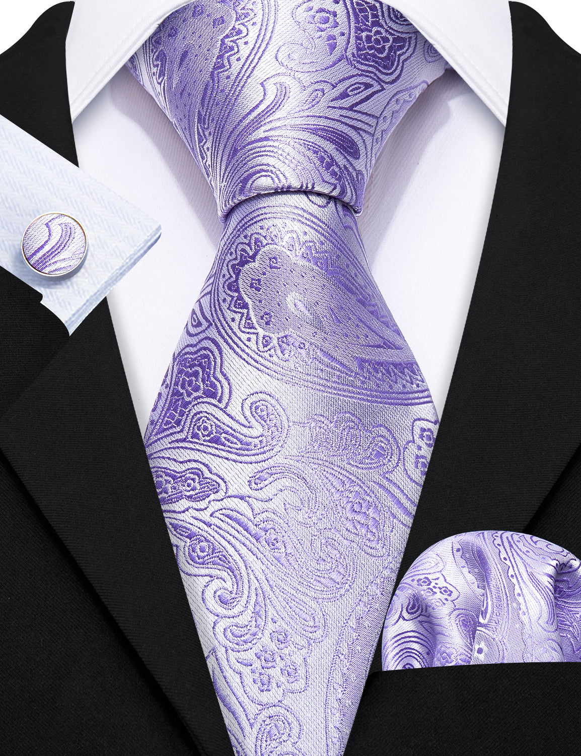 Purple Paisley Silk Tie Hanky Cufflinks Set