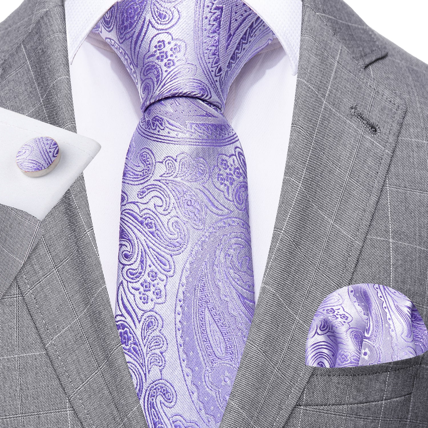 Purple Paisley Silk Tie Hanky Cufflinks Set