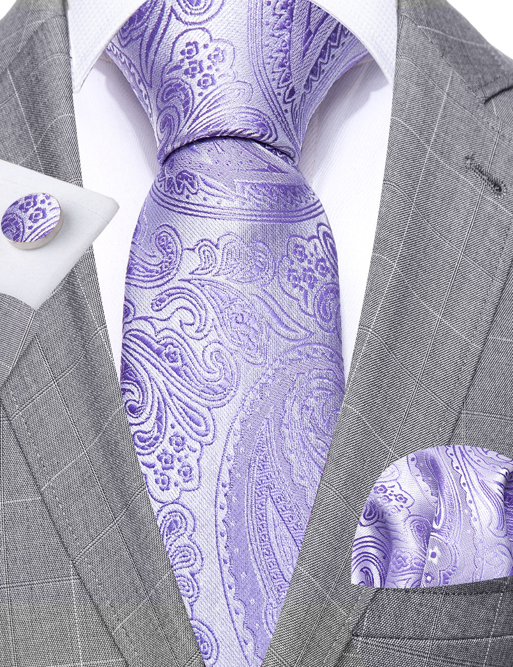 Purple Paisley Silk Tie Hanky Cufflinks Set