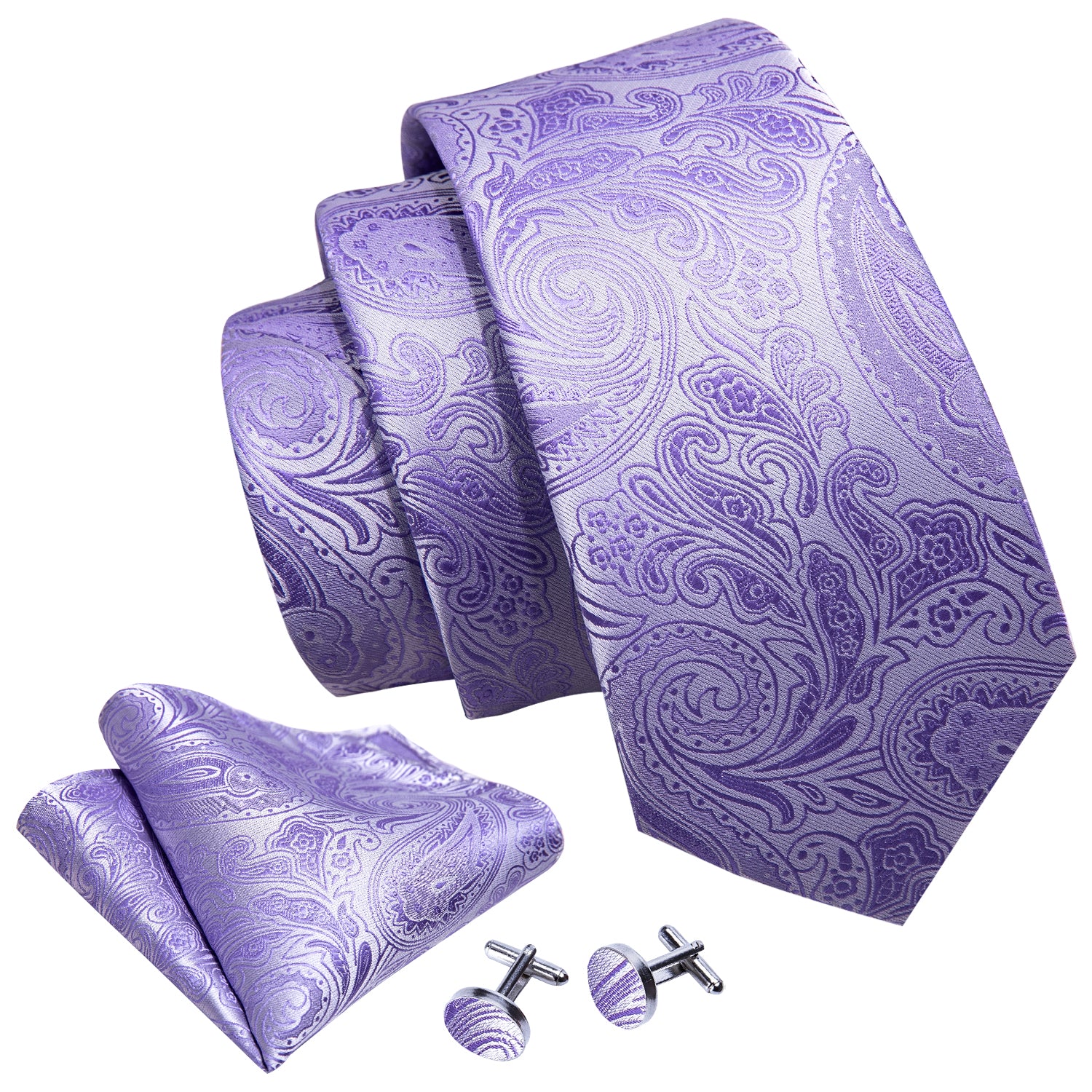 Purple Paisley Silk Tie Hanky Cufflinks Set