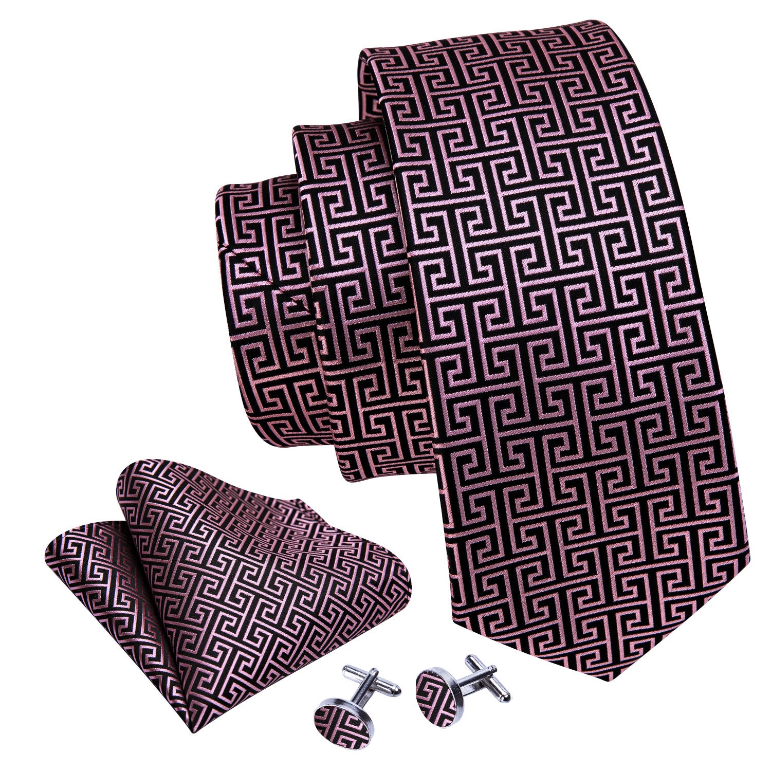 Novelty Black Pink Floral Silk Tie Pocket Square Cufflinks Set