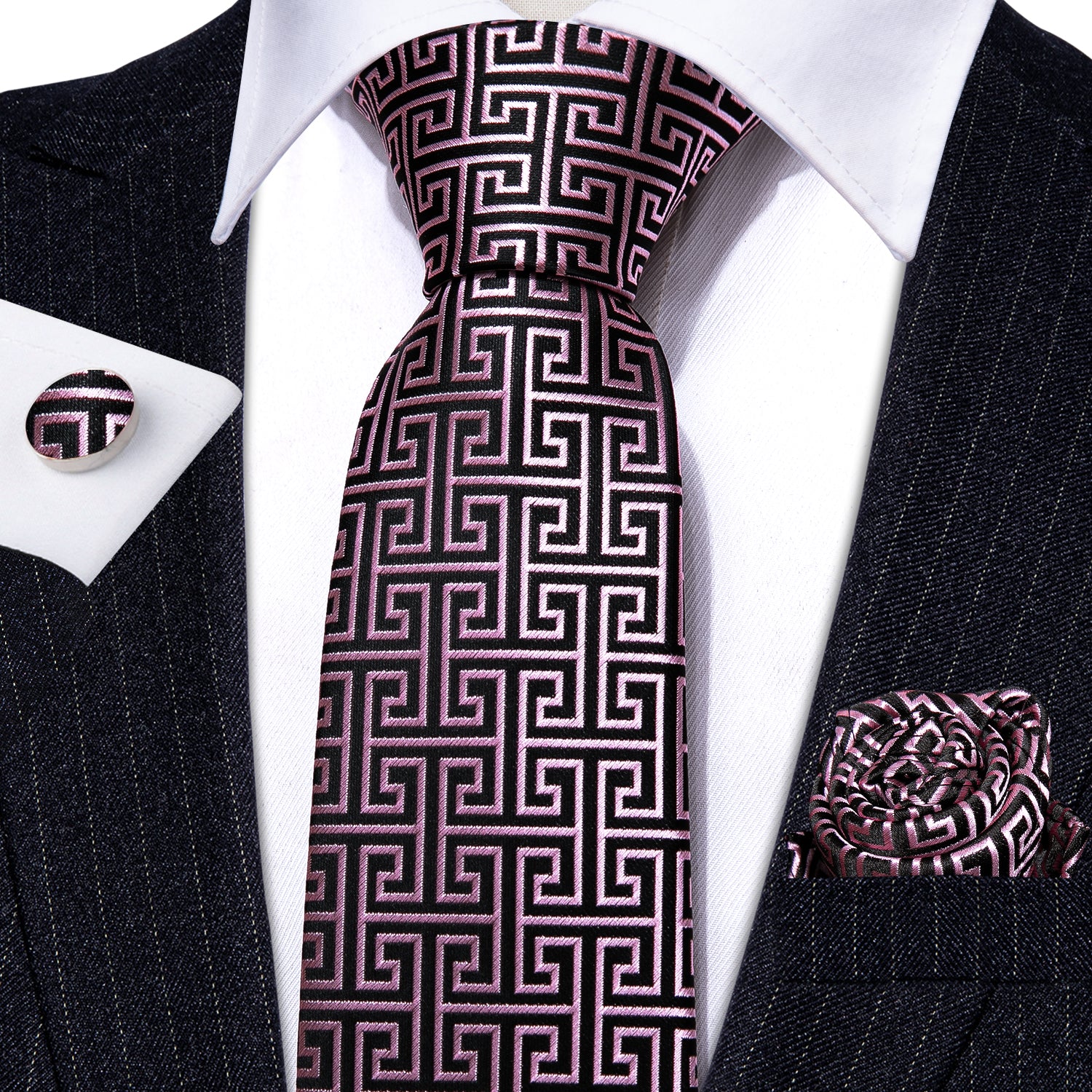 Novelty Black Pink Floral Silk Tie Pocket Square Cufflinks Set