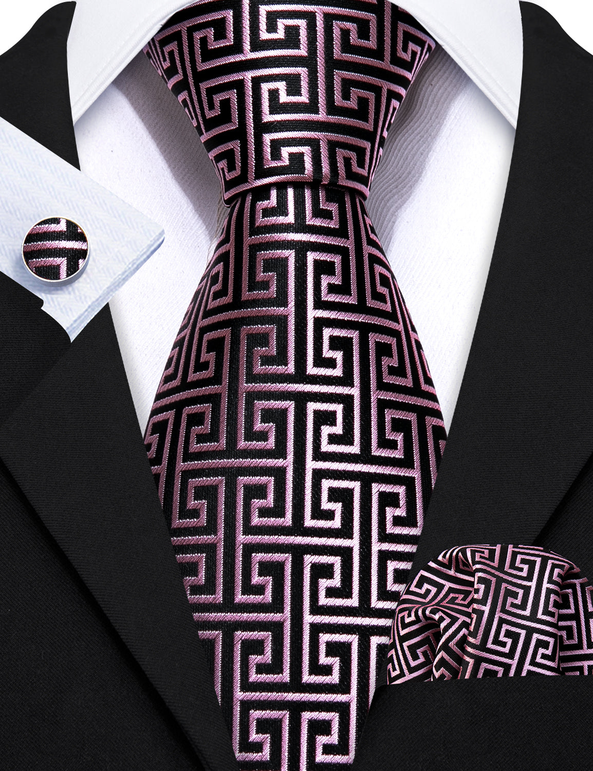 Novelty Black Pink Floral Silk Tie Pocket Square Cufflinks Set