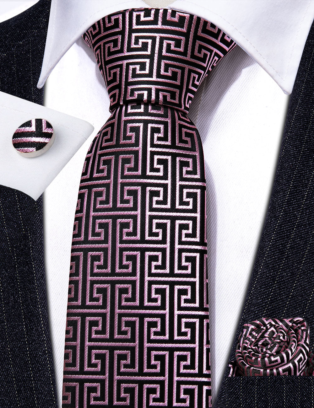 Novelty Black Pink Floral Silk Tie Pocket Square Cufflinks Set