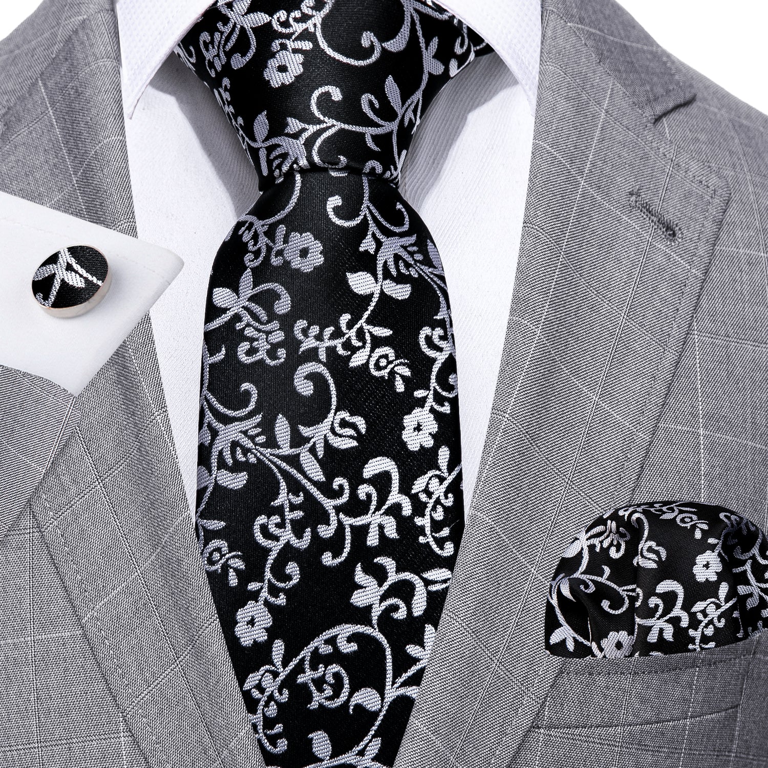 Black White Flower Silk Tie Handkerchief Cufflinks Set