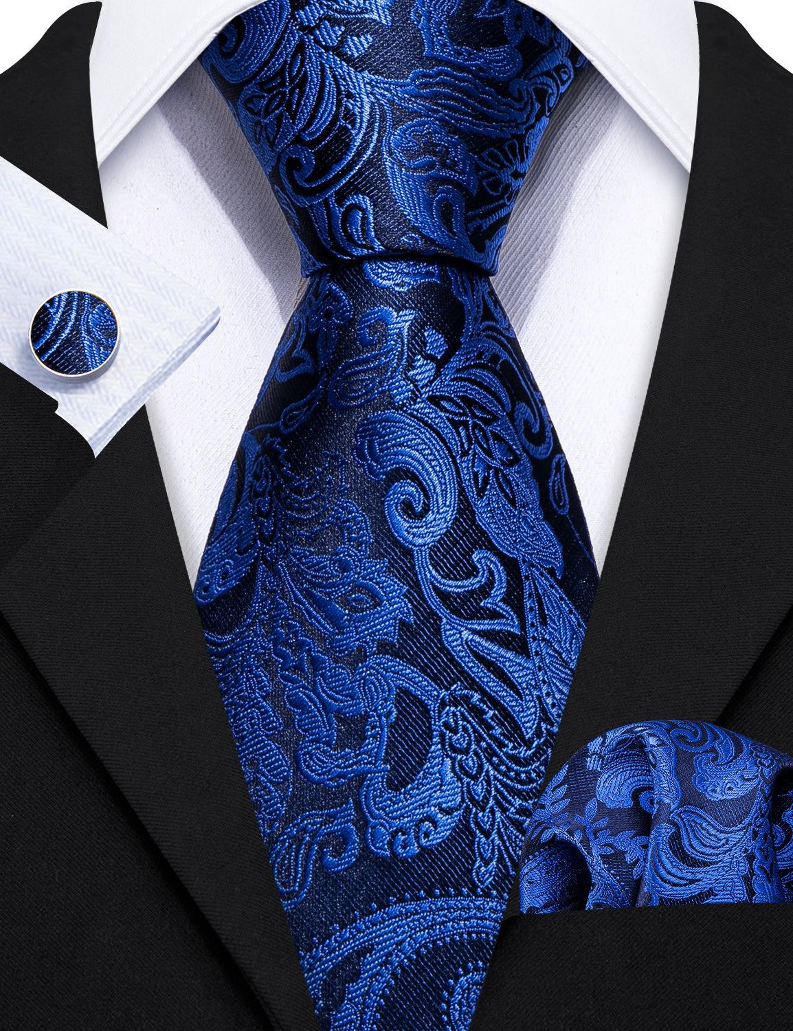 Blue Paisley Silk Tie Handkerchief Cufflinks Set