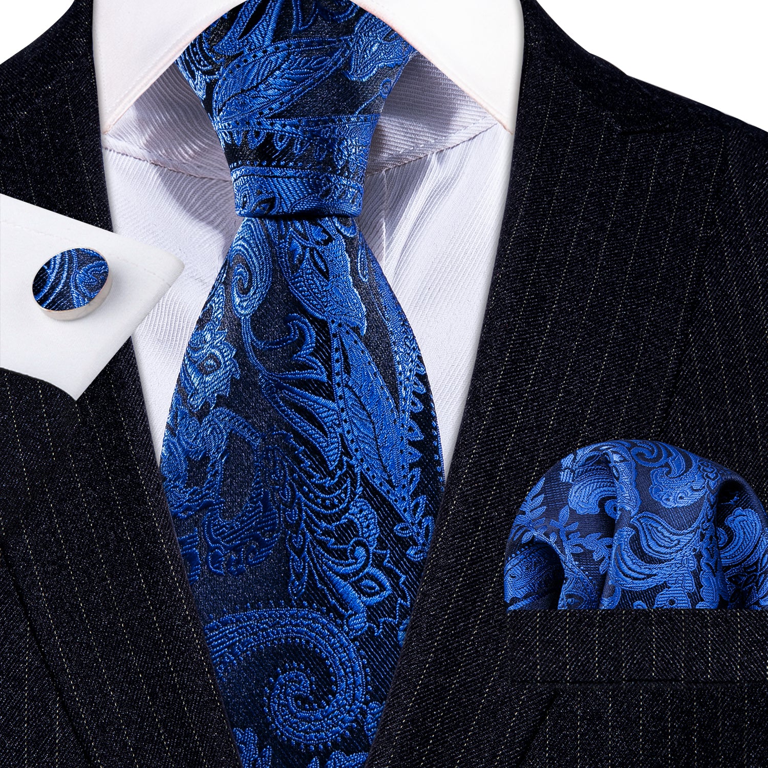 Blue Paisley Silk Tie Handkerchief Cufflinks Set