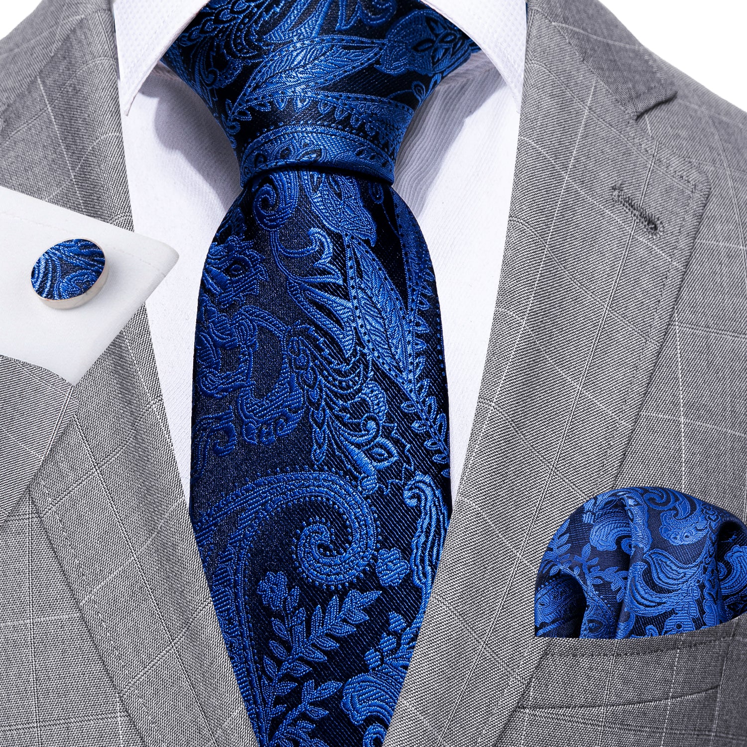 Blue Paisley Silk Tie Handkerchief Cufflinks Set