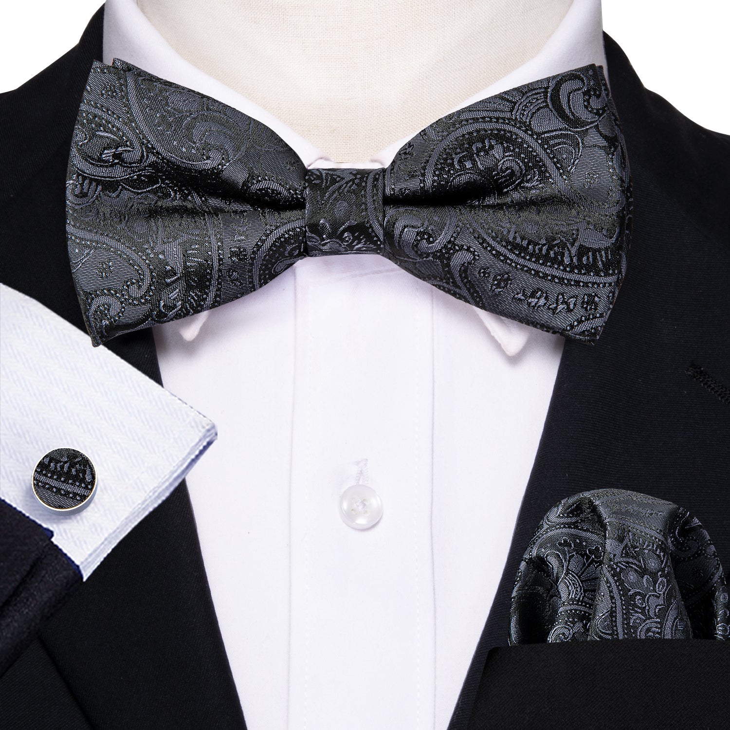 Black Paisley Bow Tie Hanky Cufflinks Set