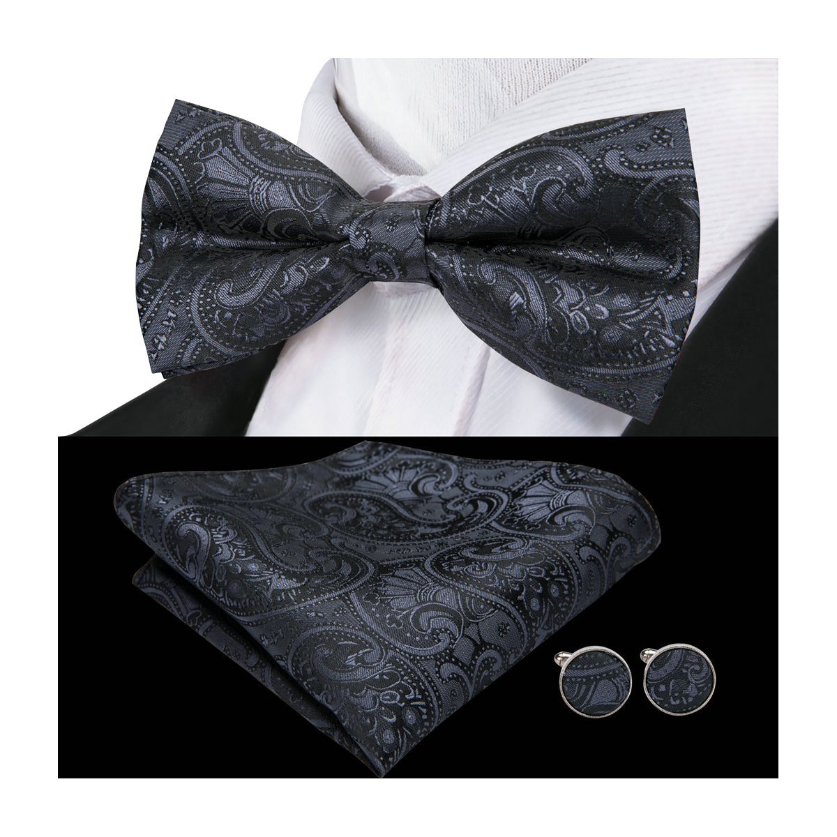 Black Paisley Bow Tie Hanky Cufflinks Set