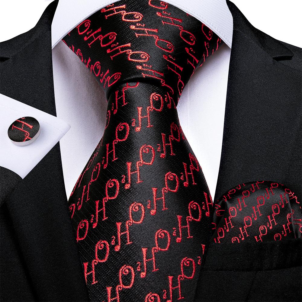 Novelty Black Red Men's Tie Lapel Pin Brooch Silk Tie Pocket Square Cufflinks Set Wedding Business Party