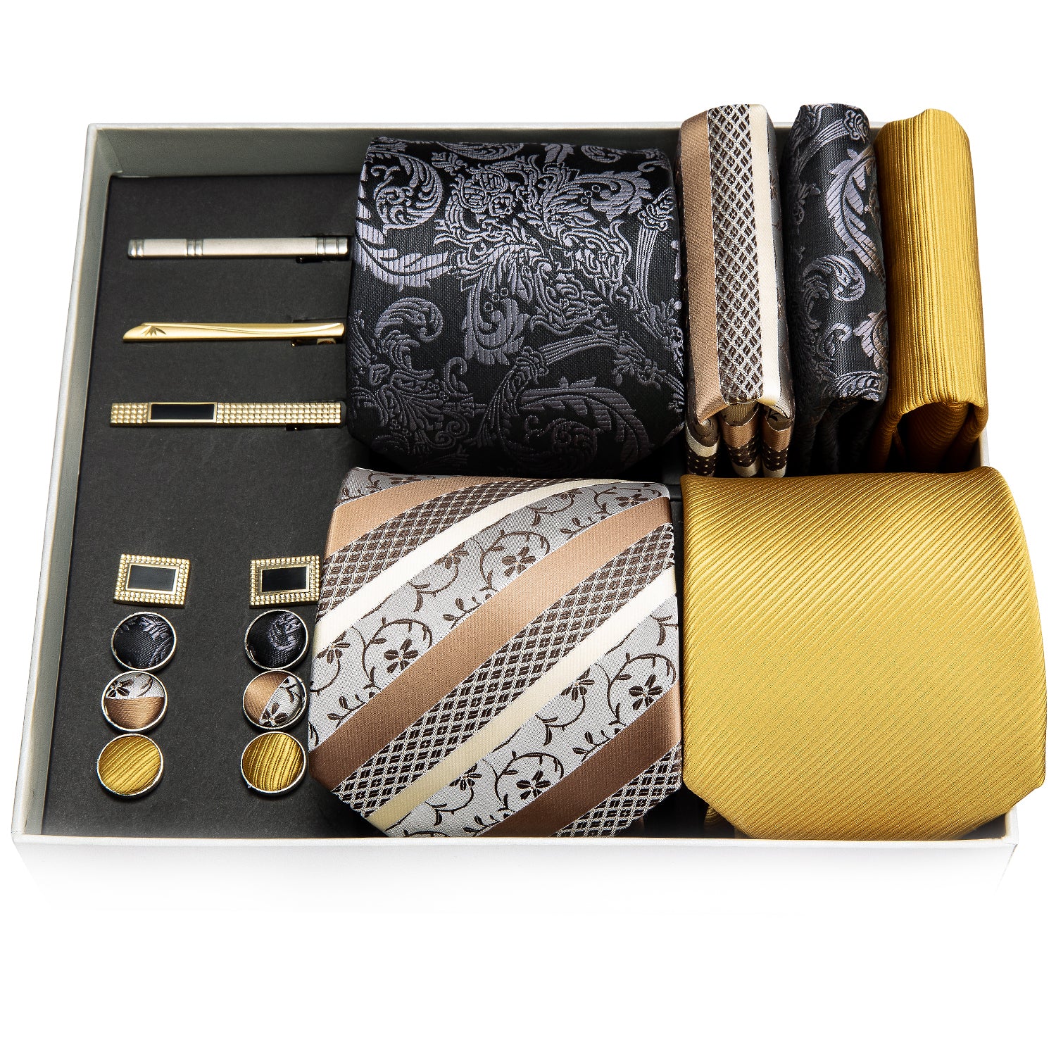 Barry Wang Black Yellow Champagne Floral Silk Wedding Tie Gift Box Set