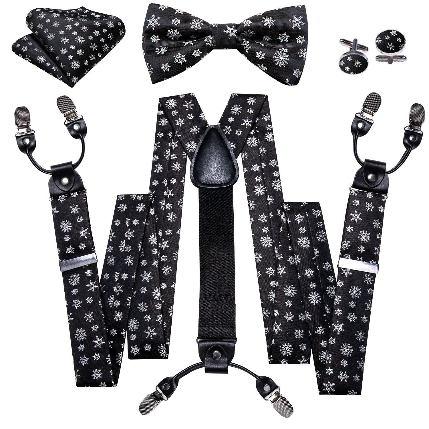 Christmas Black White Snowflake Y Back Adjustable Bow Tie Suspenders Set