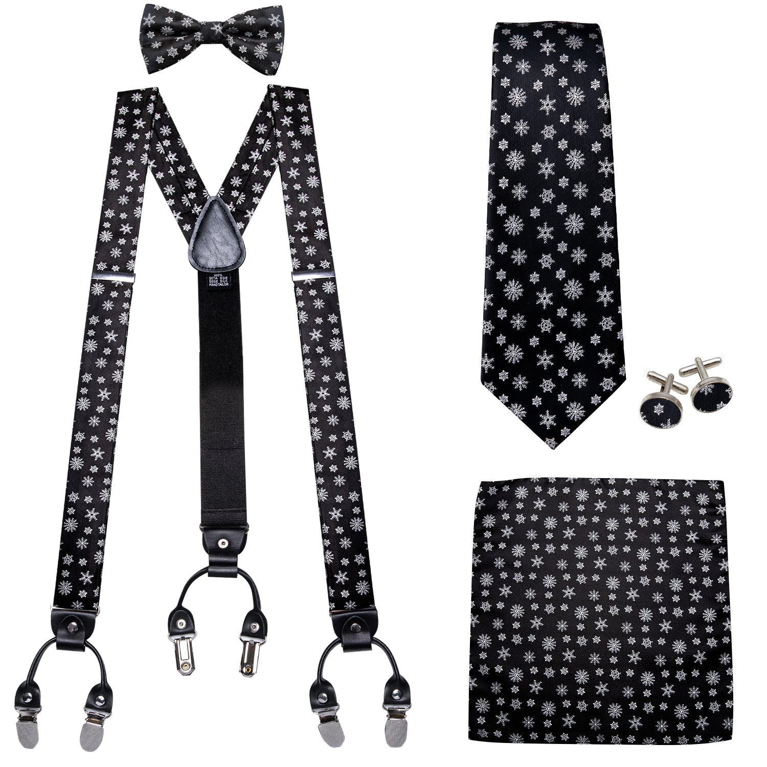 Christmas Black White Snowflake Y Back Adjustable Bow Tie Suspenders Set