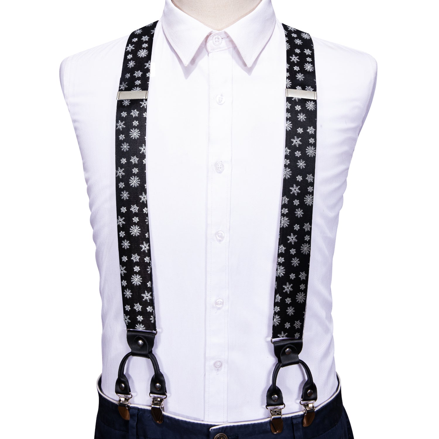 Christmas Black White Snowflake Y Back Adjustable Bow Tie Suspenders Set