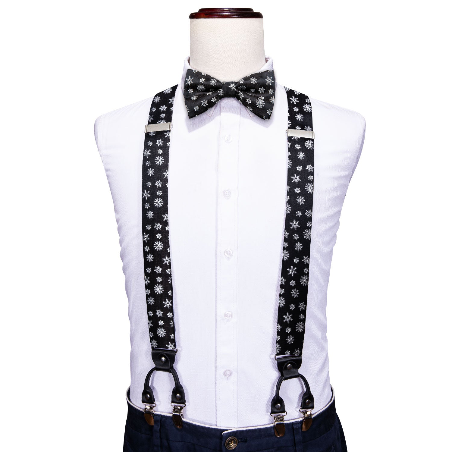 Christmas Black White Snowflake Y Back Adjustable Bow Tie Suspenders Set