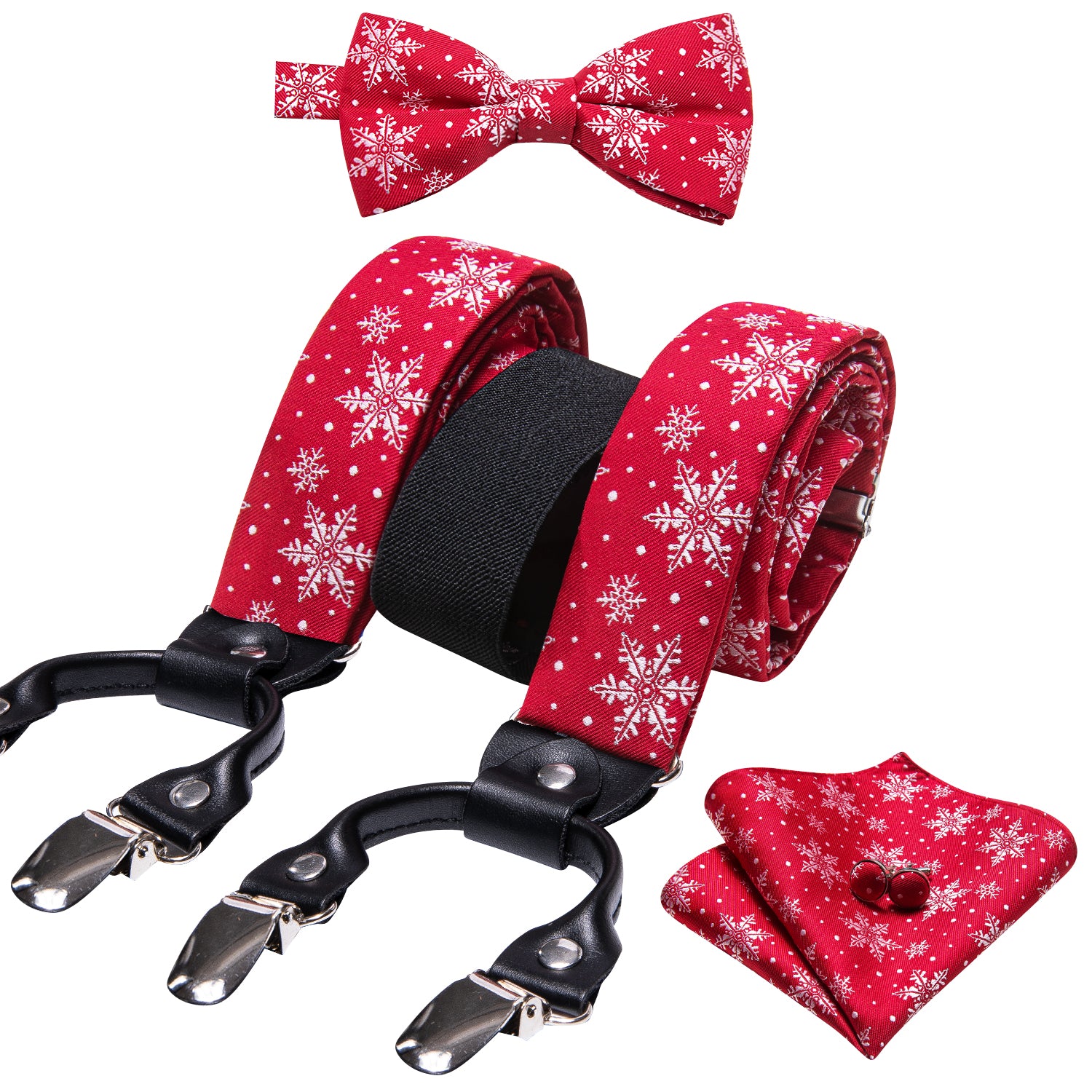 Christmas Red White Snowflake Y Back Adjustable Bow Tie Suspenders Set