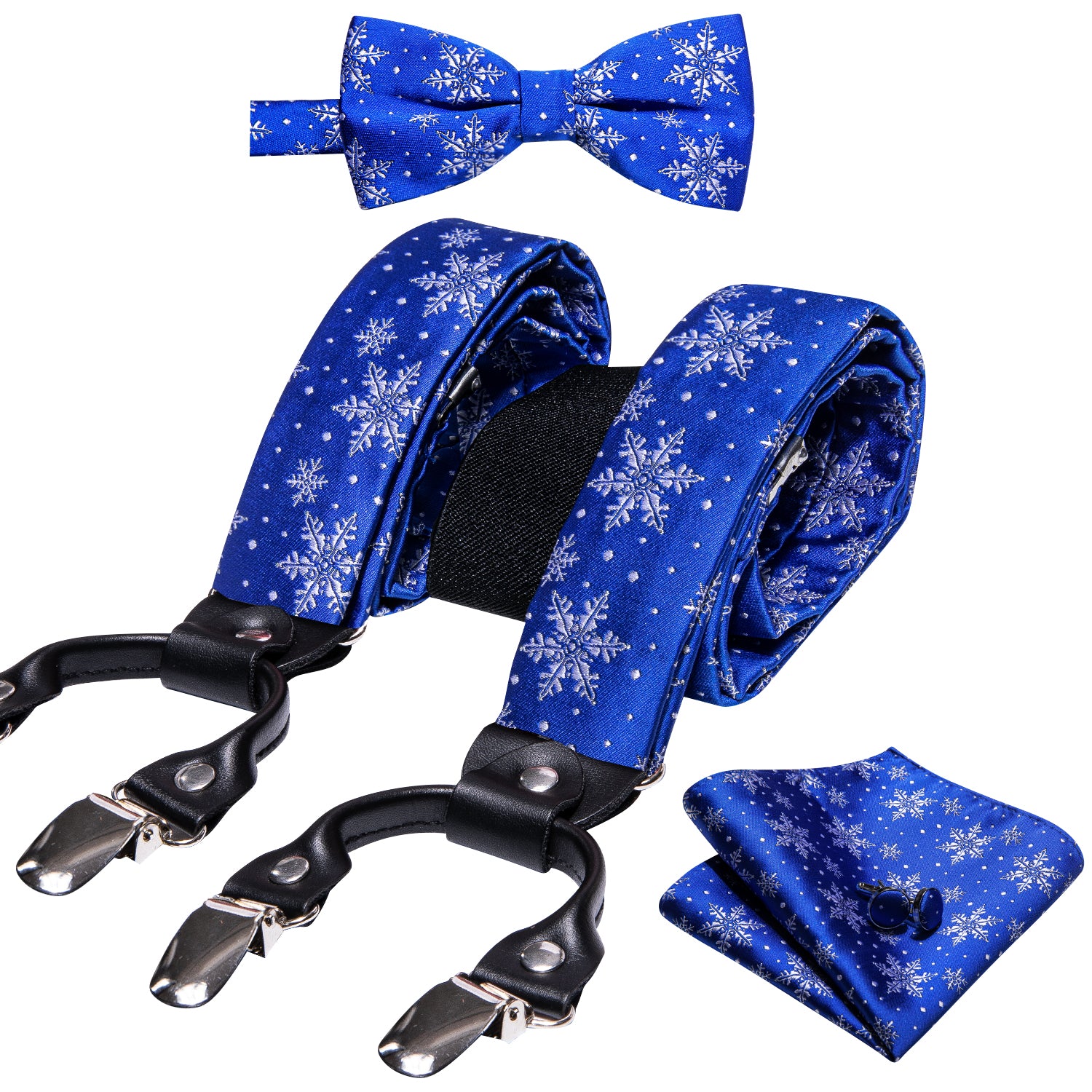 Christmas Blue White Snowflake Y Back Adjustable Bow Tie Suspenders Set