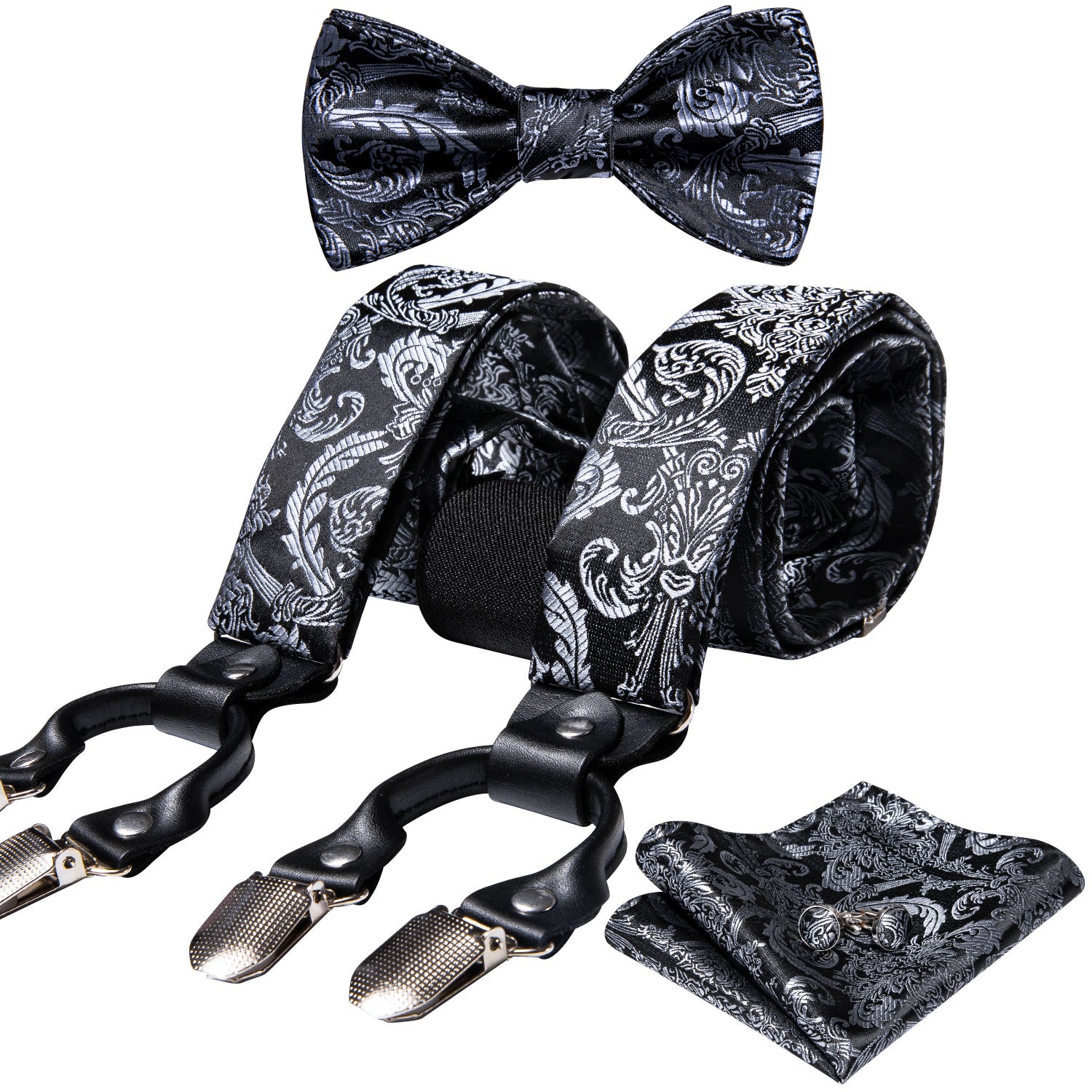 Black White Paisley Y Back Adjustable Suspender Bow Tie Set