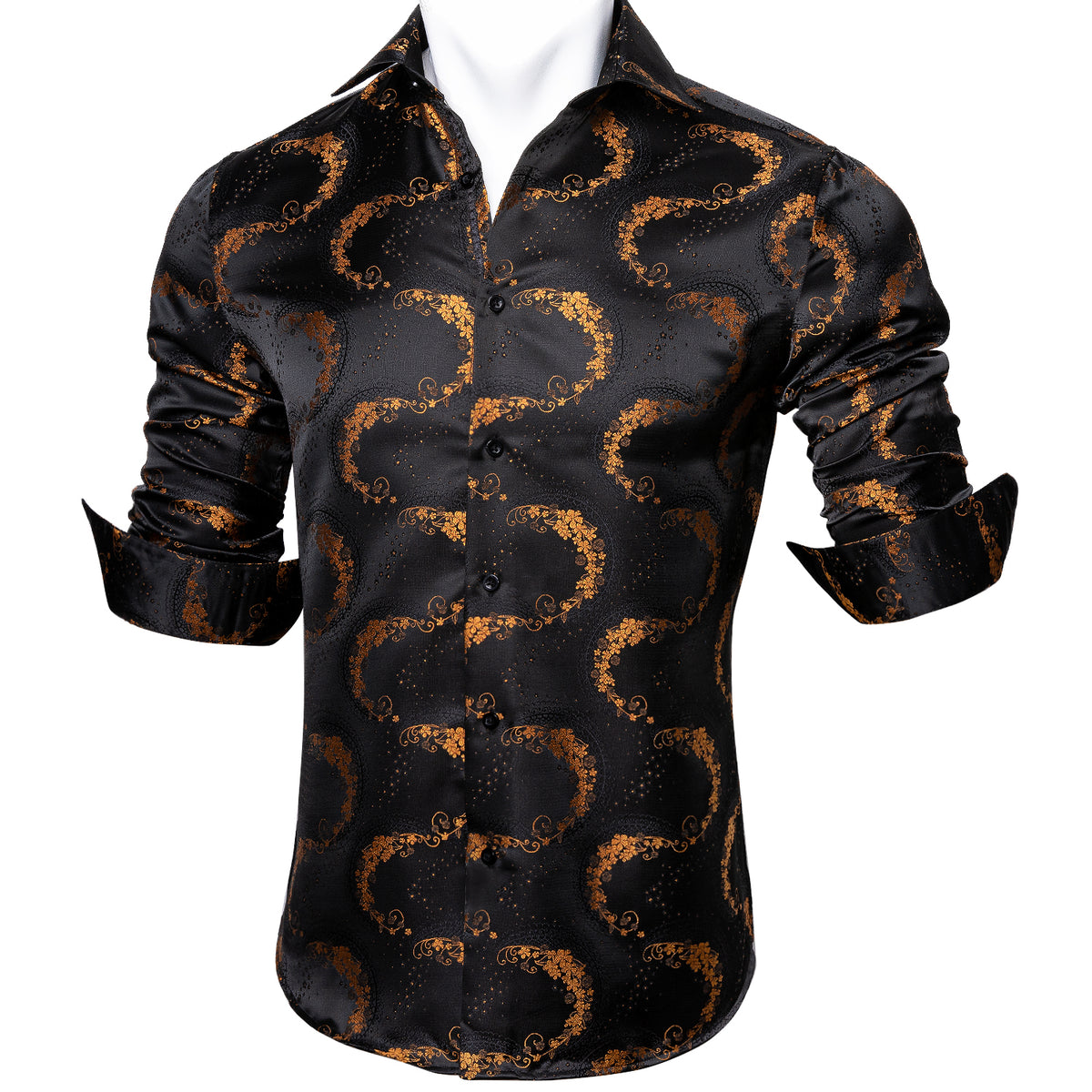 Barry.wang Men's Shirt Black Golden Floral Silk Floral Button Up Shirt