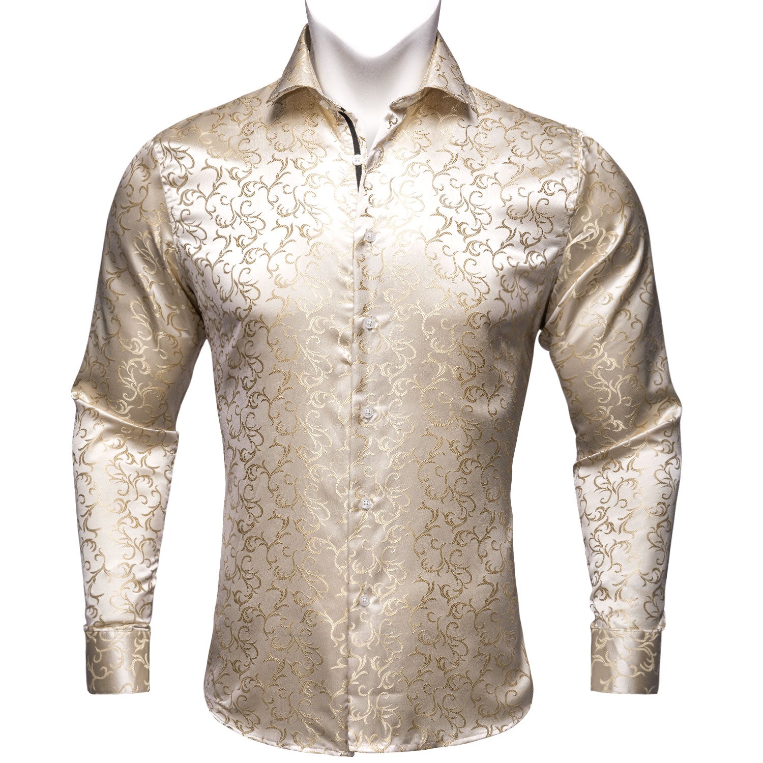 Barry Wang Champagne Gold Paisley Silk Men's Long Sleeve Dinner Shirt
