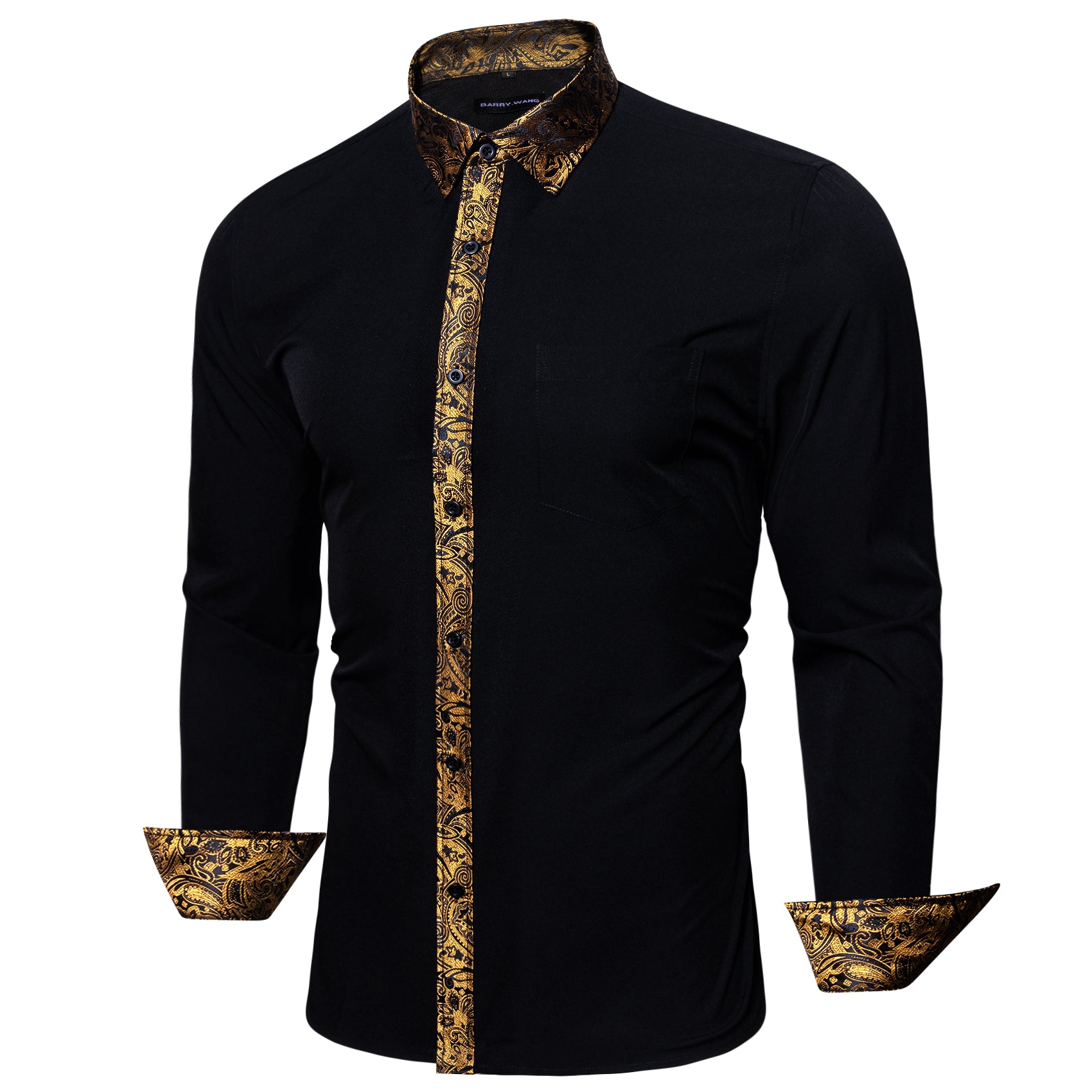 Black dress shirt with gold design on sale