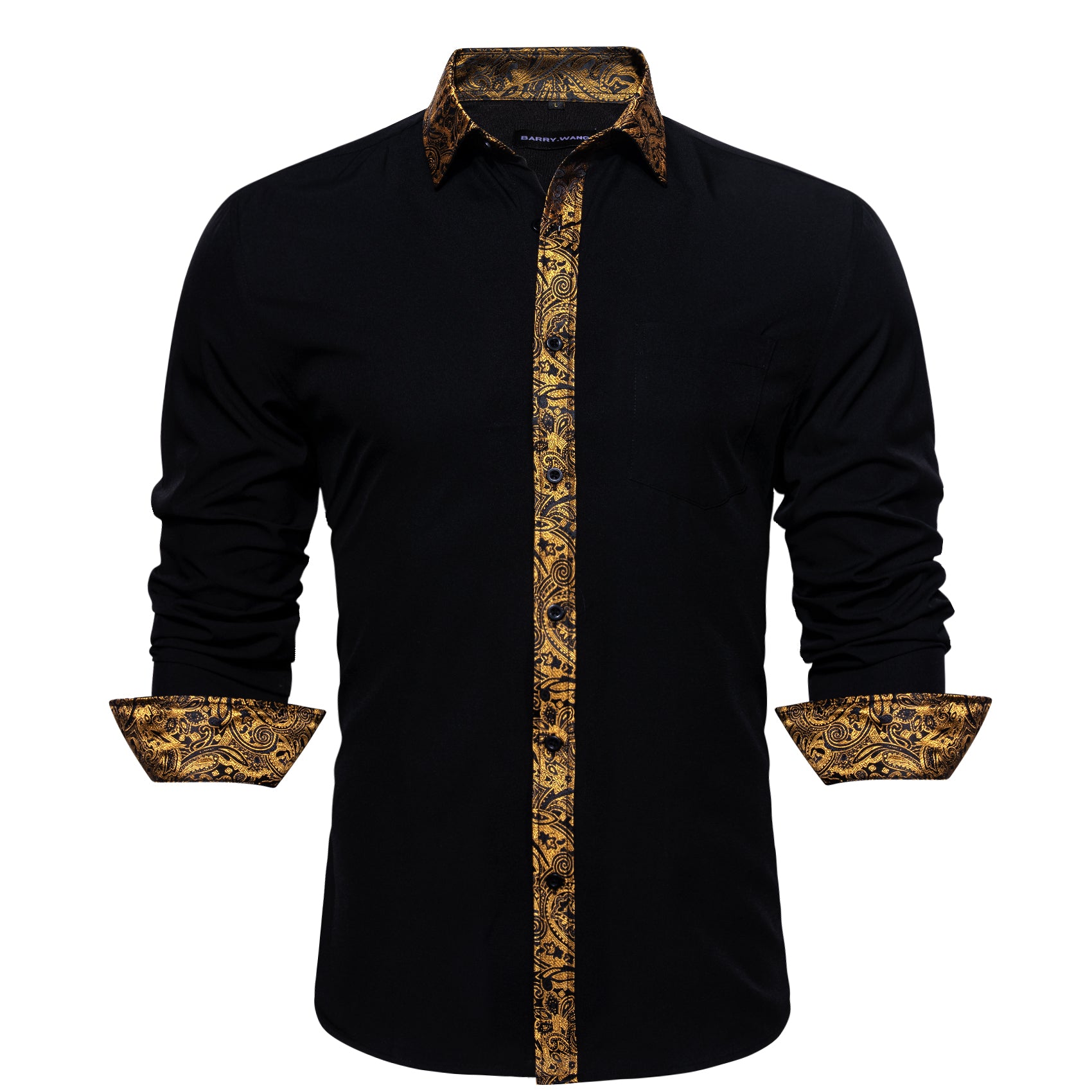 Barry.wang Button Down Shirt Black Golden Splicing Mens Business Shirt