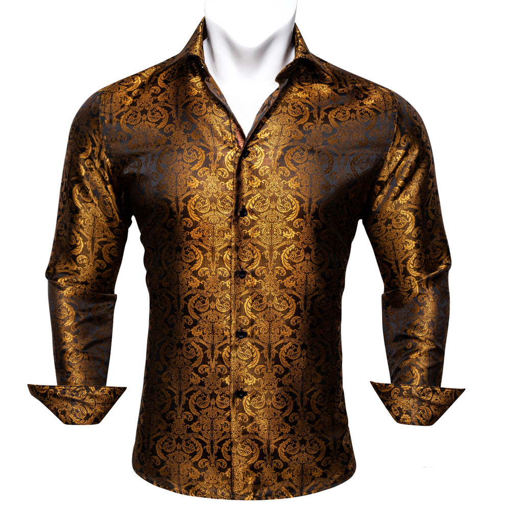 Barry Wang Brown Paisley Shirt Silk Men's Long Sleeve Button Up Shirt