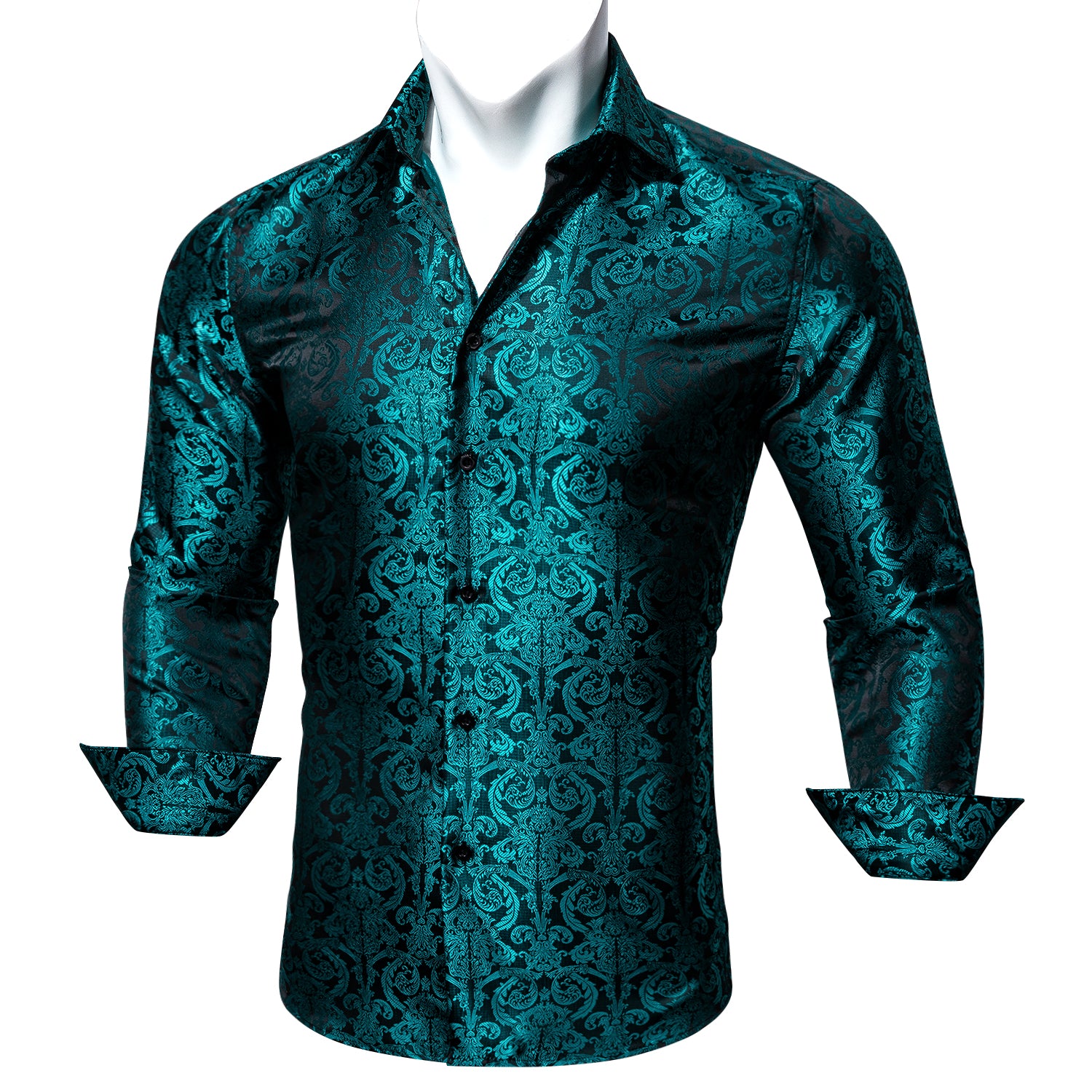 Barry.wang Blue Floral Silk Men's Long Sleeve Shirt