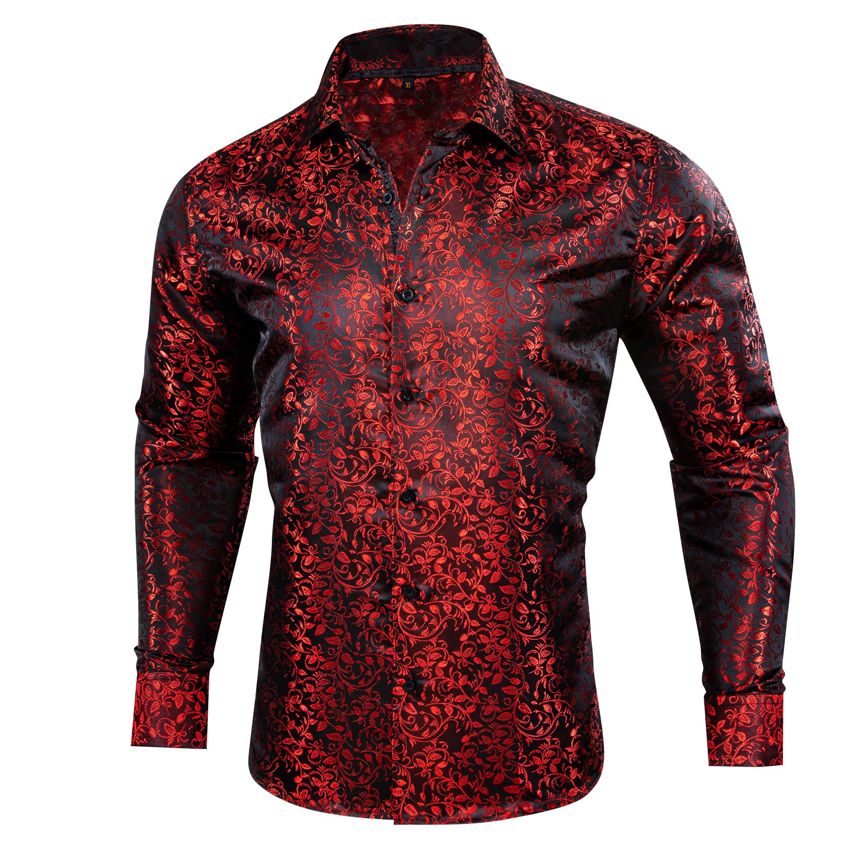 Barry.wang Luxury Burgundy Red Leaves Floral Silk Shirt