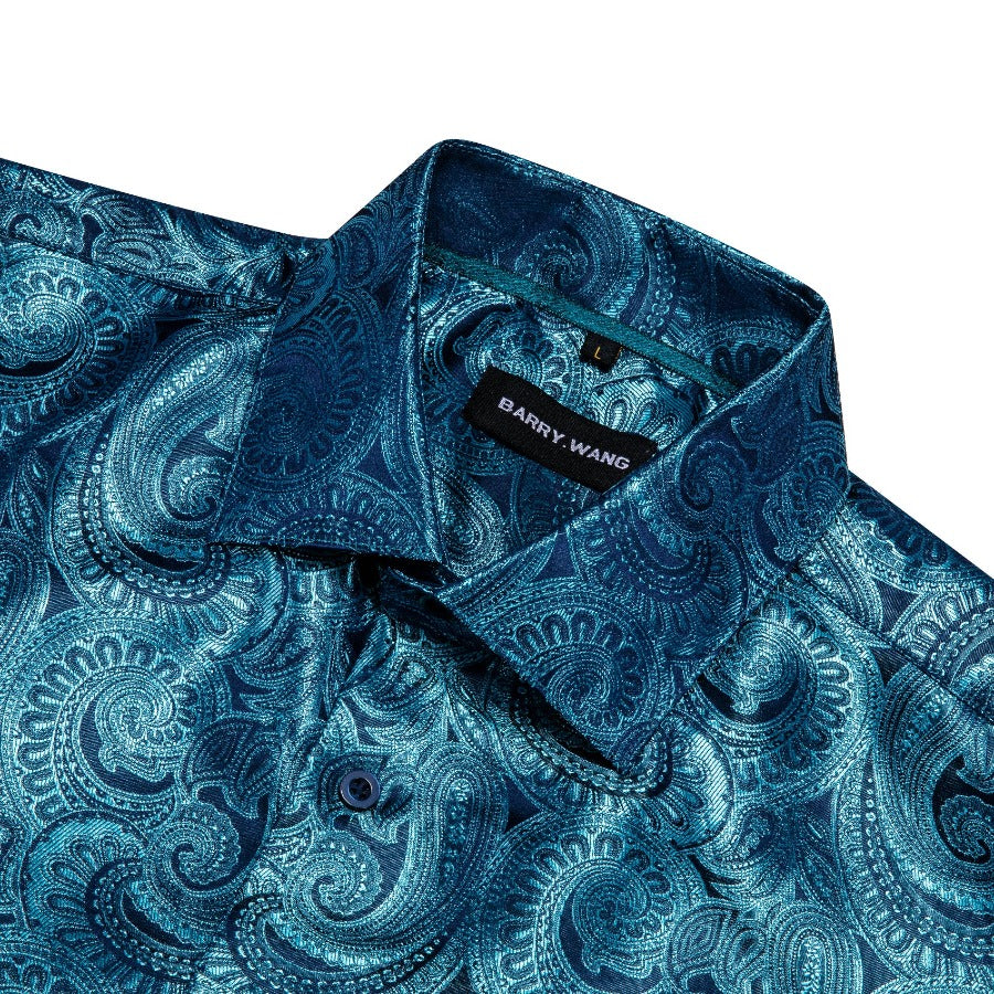 Barry.wang Ocean Blue Paisley Silk Men's Shirt