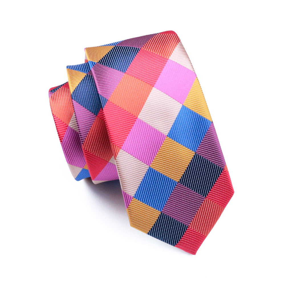 Barry Wang Red Neck Tie Blue Plaid Ties Pocket Square Cufflinks Set