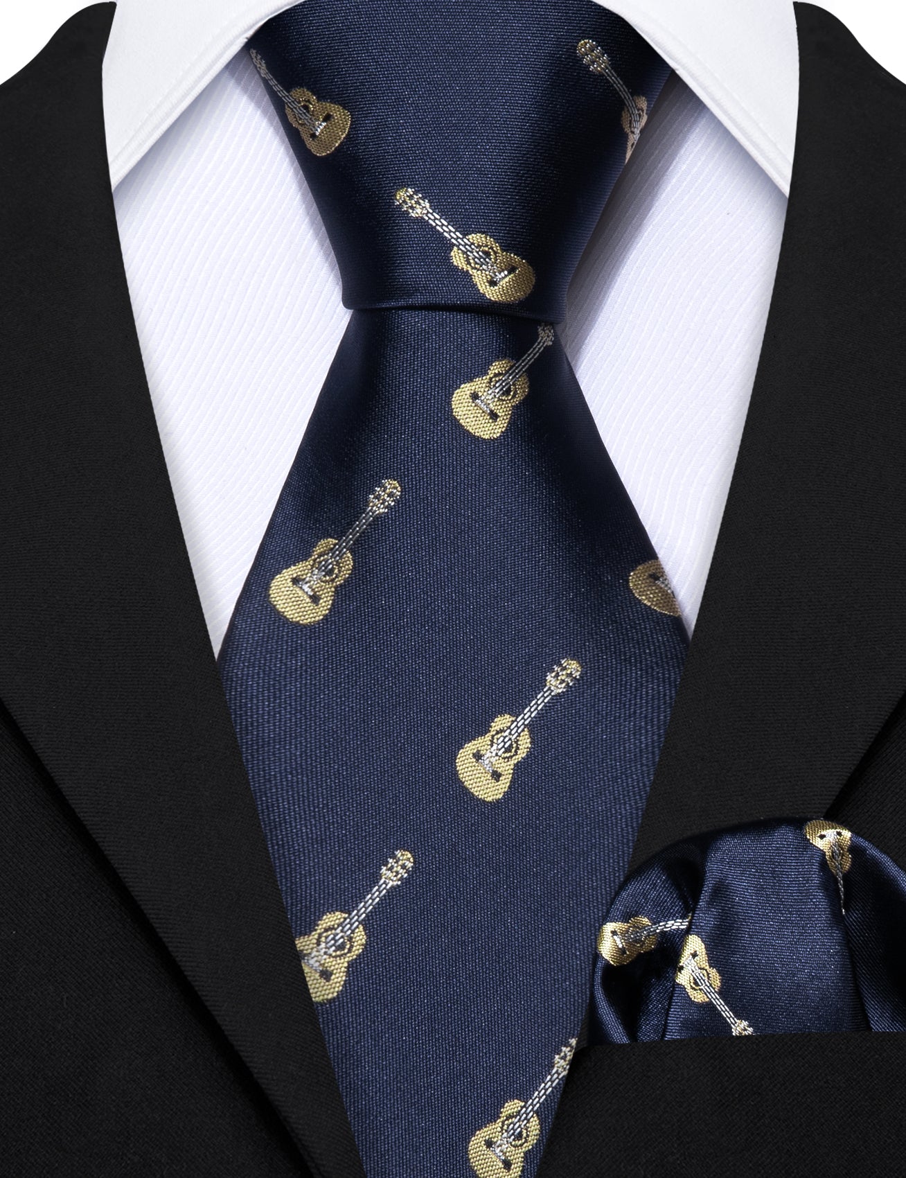 Children Blue Violin Print Tie Pocket Square Set