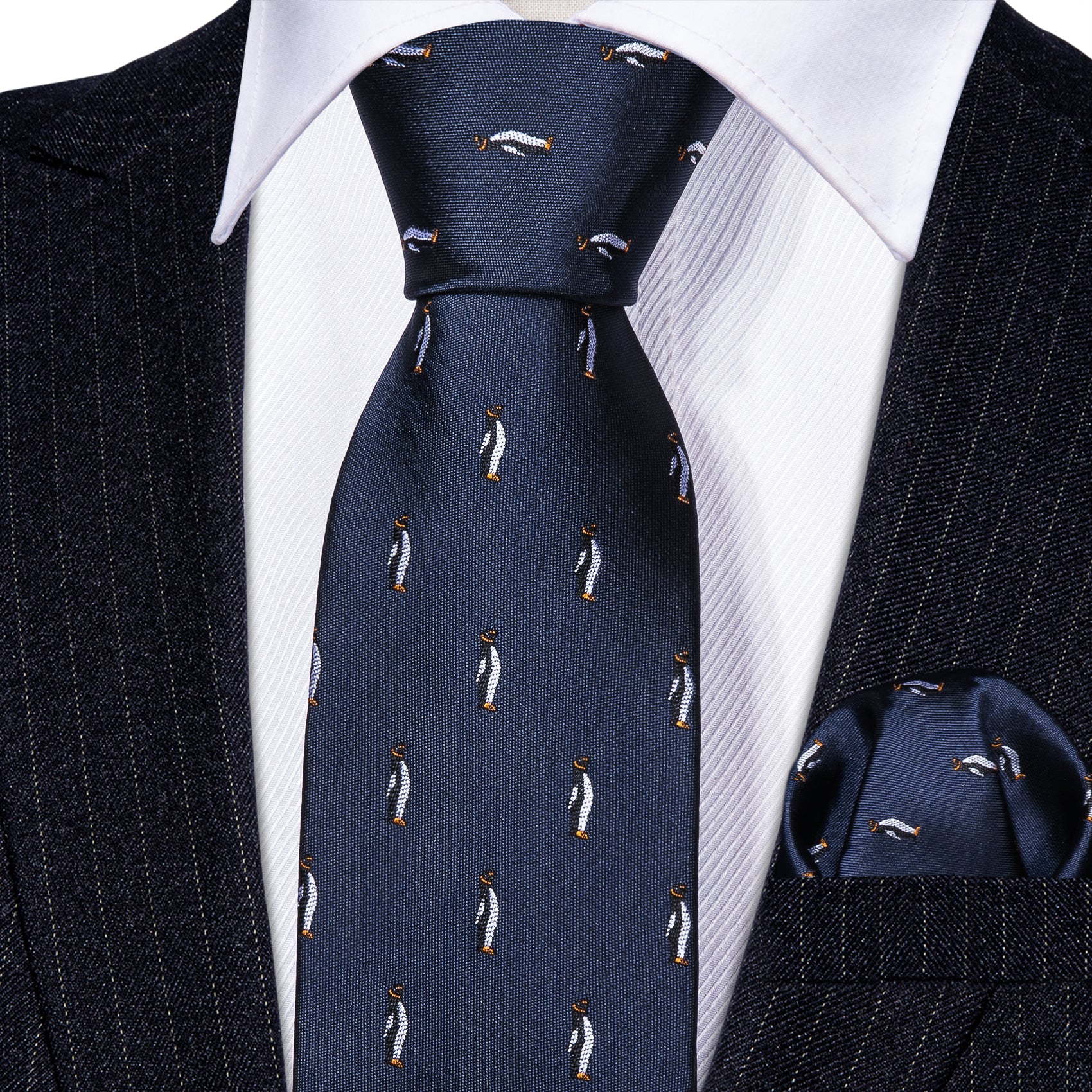 Children Blue Penguin Print Tie Pocket Square Set