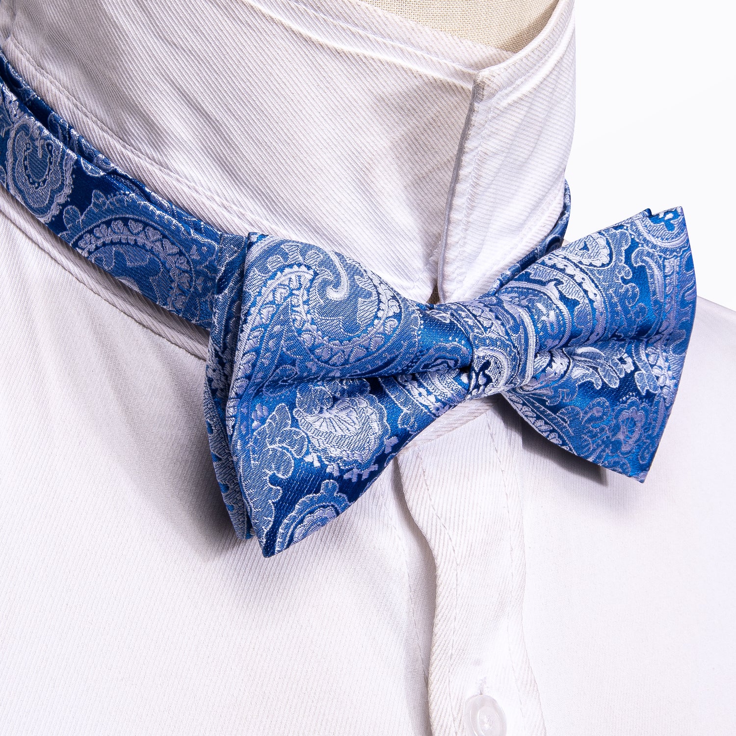  Blue Silver Paisley Pre-tied Bow Tie Hanky Cufflinks Set