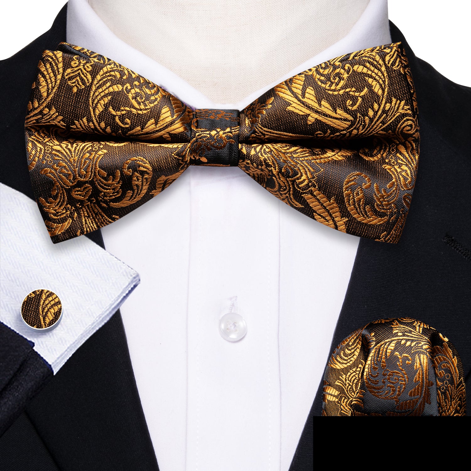 Barry Wang Gold Tie Black Paisley Pre-tied Bow Tie Hanky Cufflinks Set