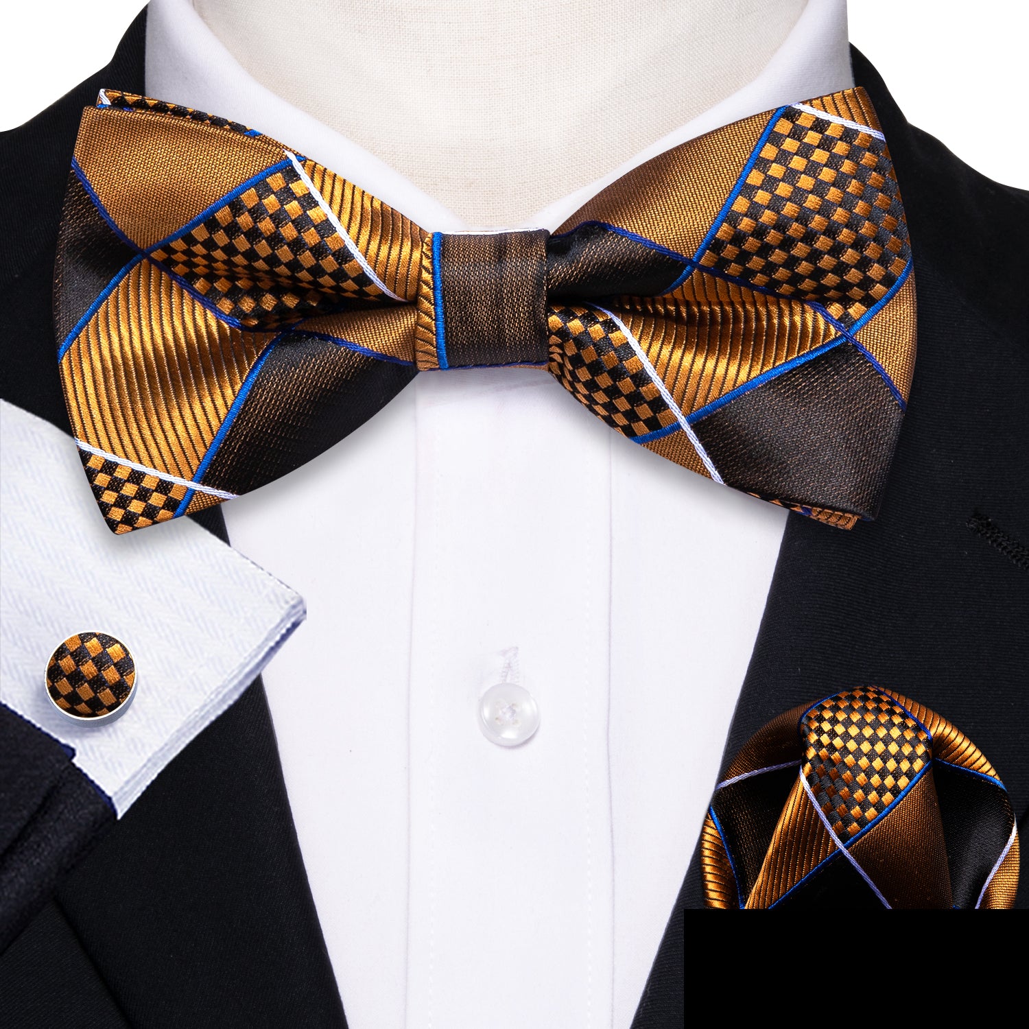 Barry.wang Gold Tie Black Plaid Silk Men's Pre-tied Bow Tie Set