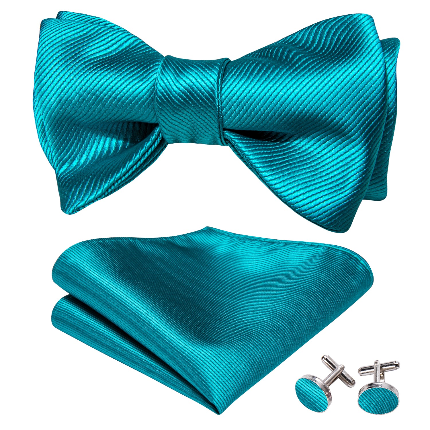 Mens Blue Solid Self Tie Silk Bow Tie Hanky Cufflinks Set