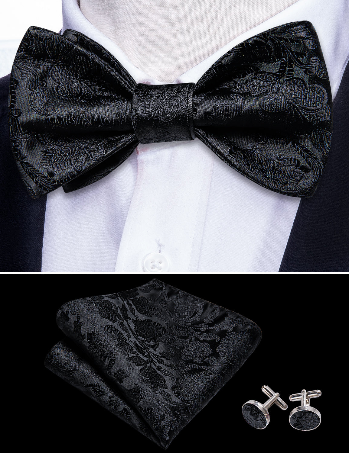  Men's Black Floral Self Tie Bow Tie Hanky Cufflinks Set