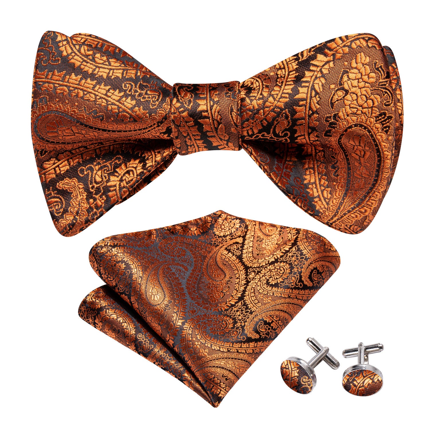 Brown Paisley Self Tie Bow Tie Hanky Cufflinks Set