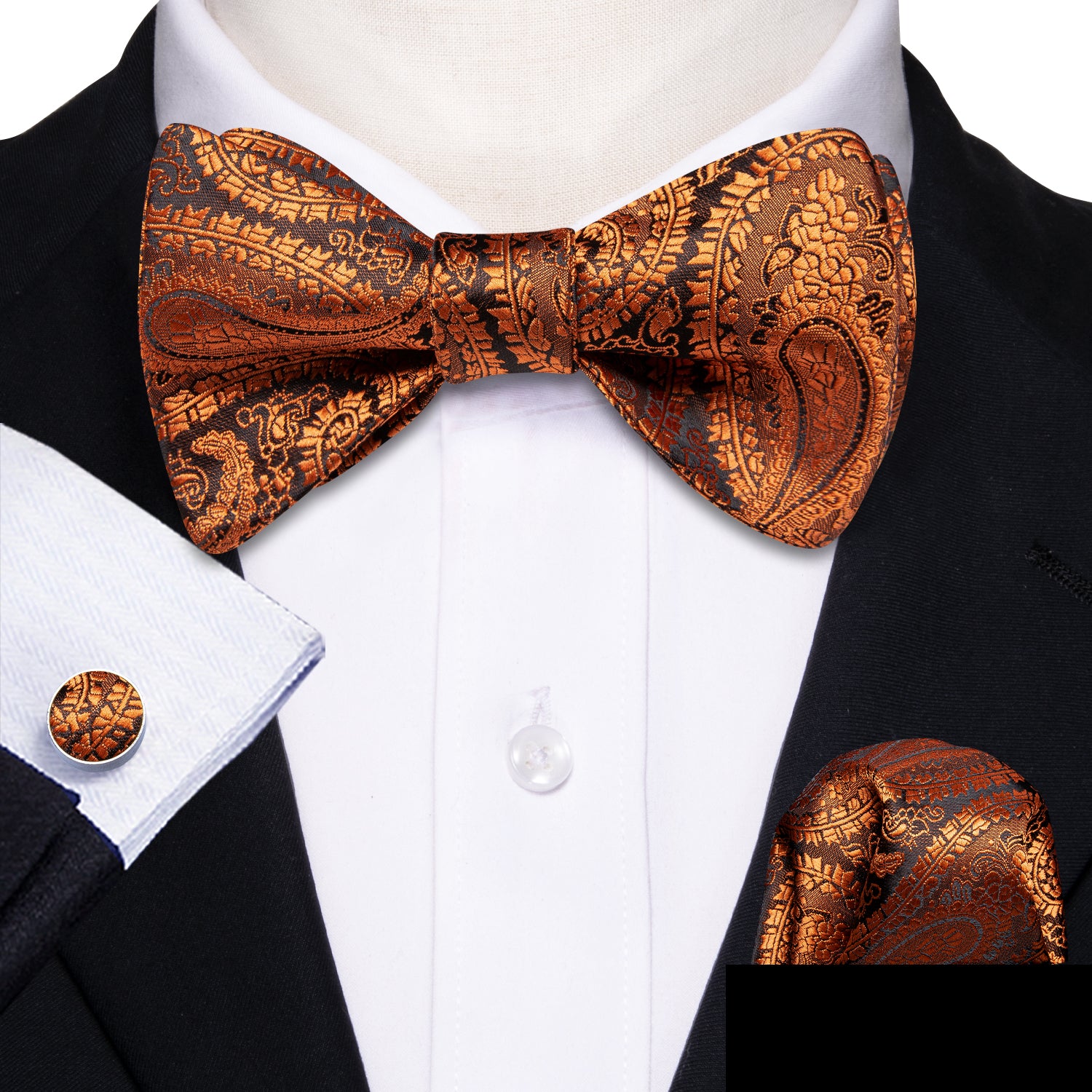 Brown Paisley Self Tie Bow Tie Hanky Cufflinks Set