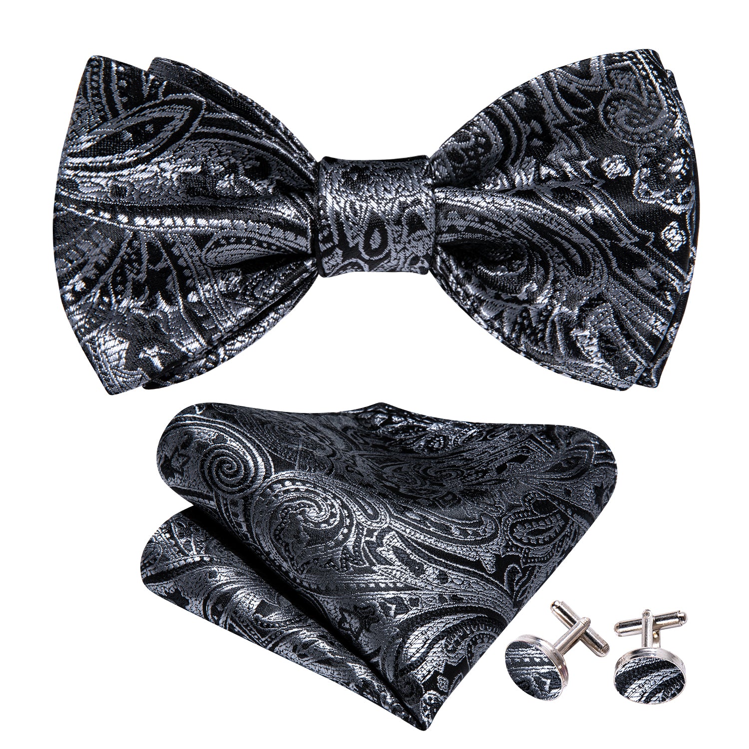 Grey Black Gold Paisley Self Tie Bow Tie Hanky Cufflinks Set