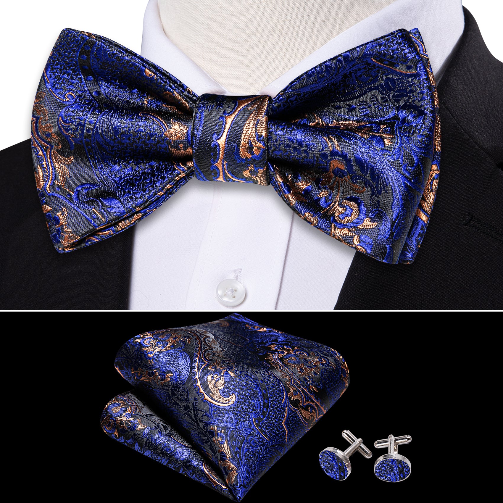 Barry Wang Blue Brown Paisley Silk Self Tie BowTie Hanky Cufflinks Set