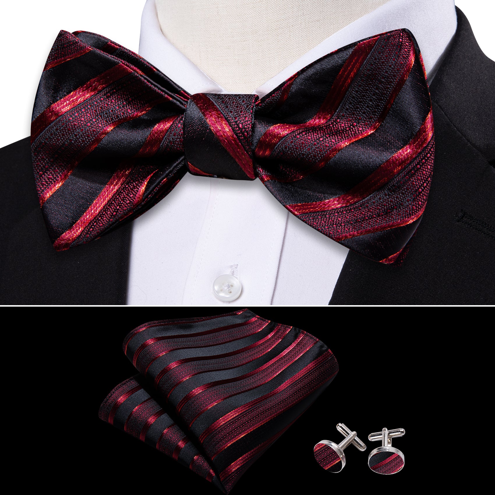 Claret Red Black Striped Silk Self Bow Tie Hanky Cufflinks Set