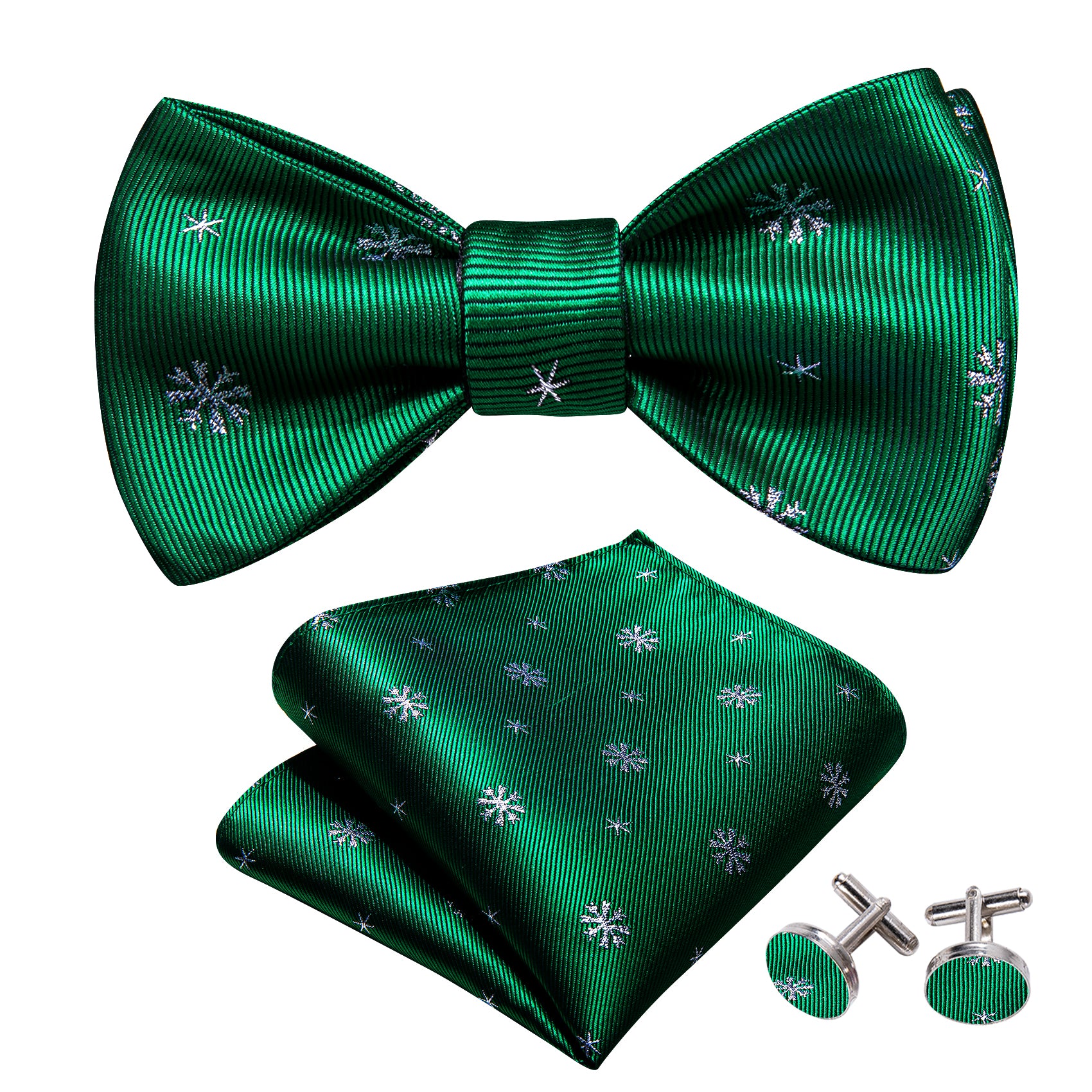 Christmas Green White Snowflake Silk Self Tie Bow Tie Hanky Cufflinks Set